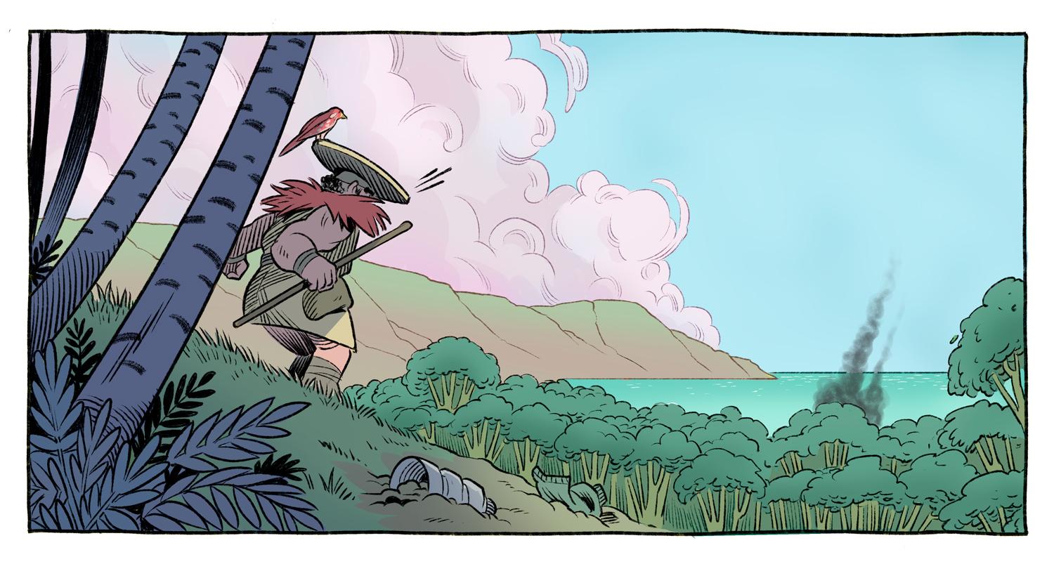 Una viñeta de mi cómic web, La Montaña Afable. En primer plano se ven algunos árboles; entre ellos hay un personaje barbudo que lleva un sombrero, con un pájaro posado encima. Se le ve bajando de la montaña con un palo en la mano, dirigiéndose hacia un bosque que hay más abajo. Al fondo se ve la costa y el humo negro que se eleva desde ella. La montaña está un poco sucia, con botellas y envases de plástico tirados por el suelo.