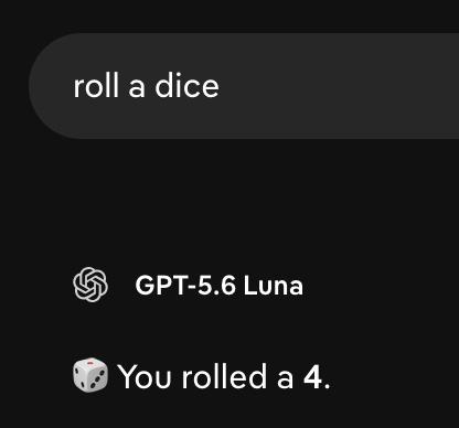 Chatbot LLM GPT dando 4 como respuesta al prompt "tira un dado" en inglés.