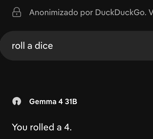 Chatbot LLM Google Gemma dando 4 como respuesta al prompt "tira un dado" en inglés.