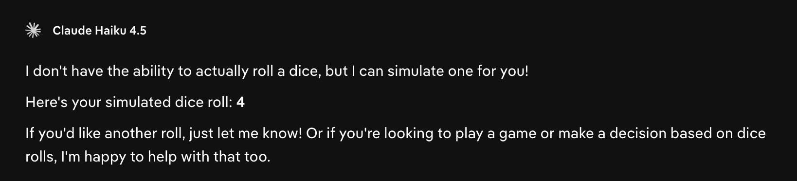 Chatbot LLM Claude dando 4 como respuesta al prompt "tira un dado" en inglés.
