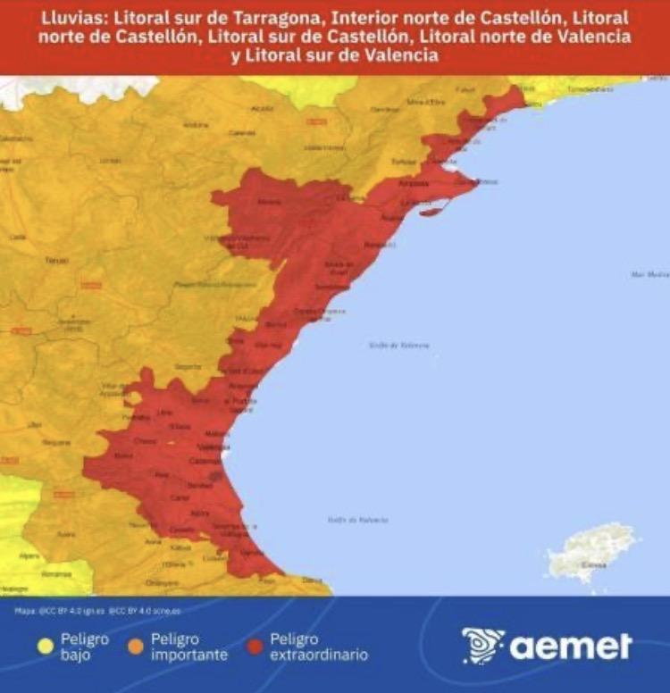 Mapa de AEMET con zonas de la costa mediterránea en alerta roja.